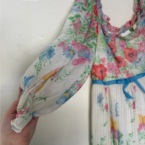 Vintage 1970s Pastel Floral Garden Maxi Dress Sheer Peasant Sleeve Womens Sz Lg - Picture 7 of 15